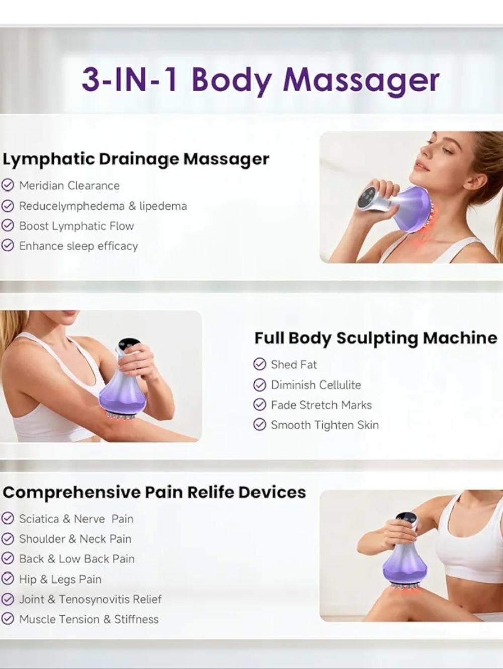 Purple Handheld 4-in-1 Body Massager. Lymphatic Drainage Body Sculpting - Picture 3 of 7